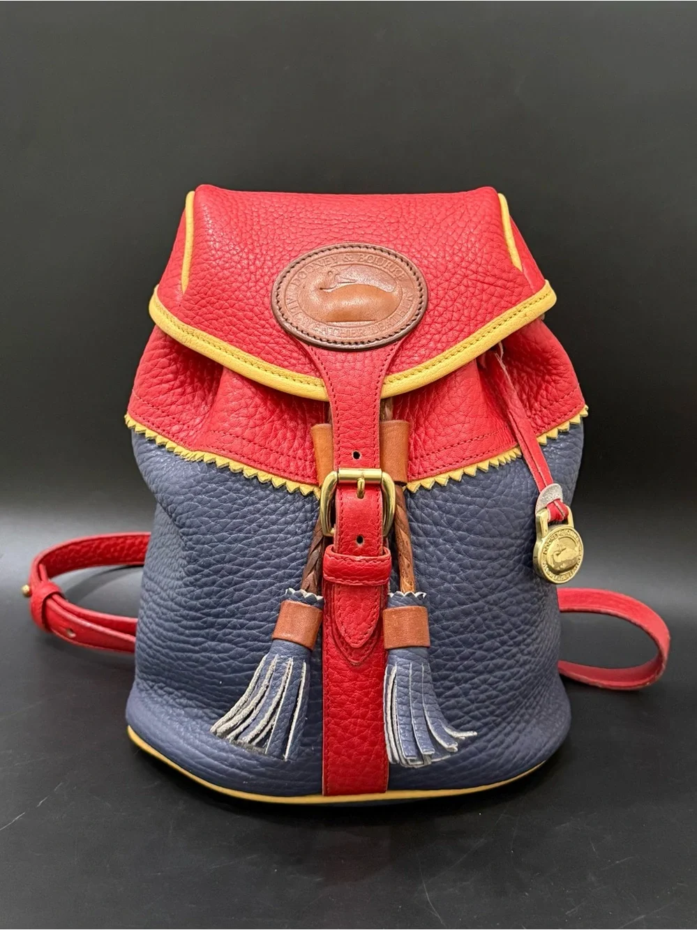 Rare Vintage DOONEY & BOURKE Teton AWL Lipstick Red Navy Yellow Leather Backpack